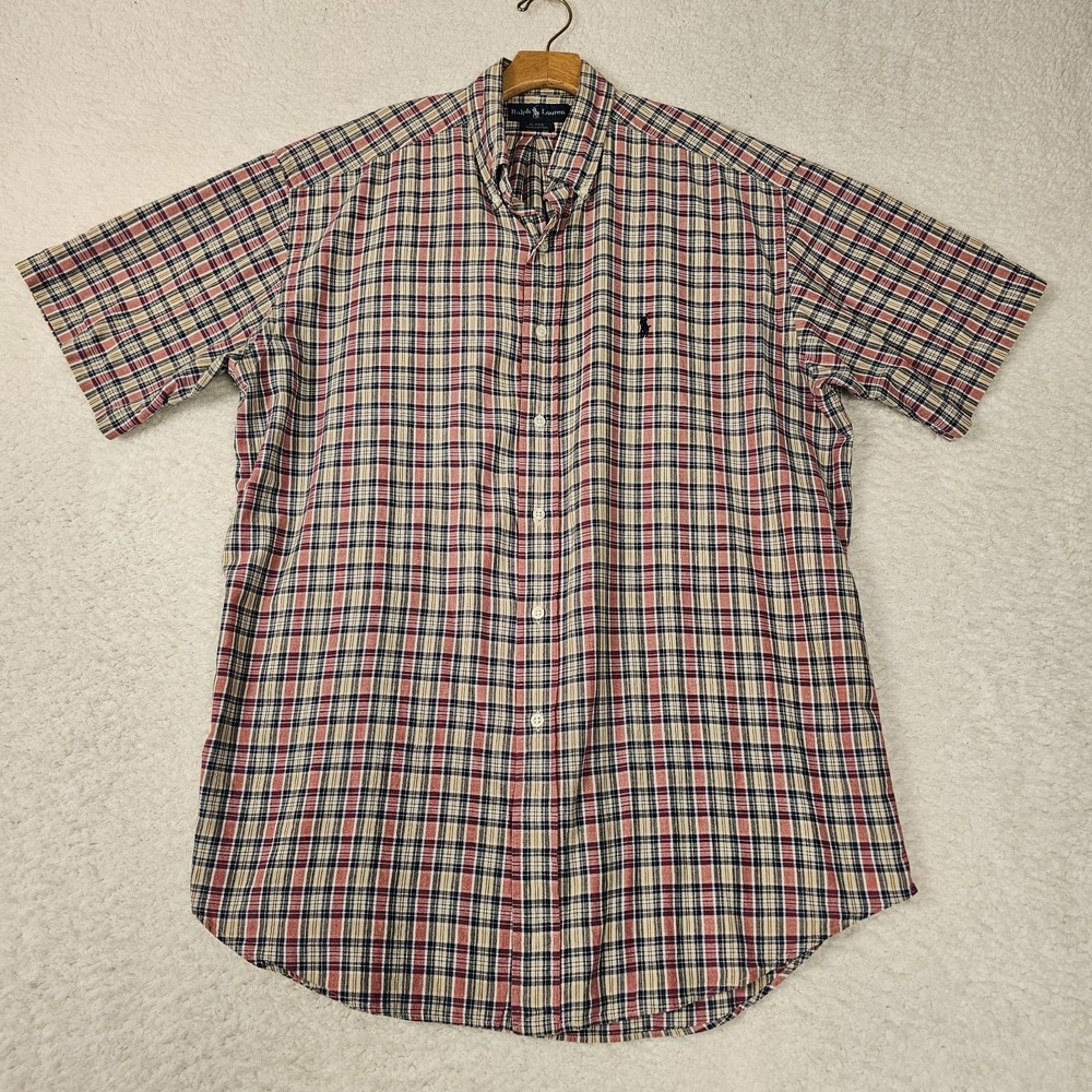 Ralph Lauren Shirt Mens Large Cream Red Black Plaid Blake Short Sleeve Work Wear